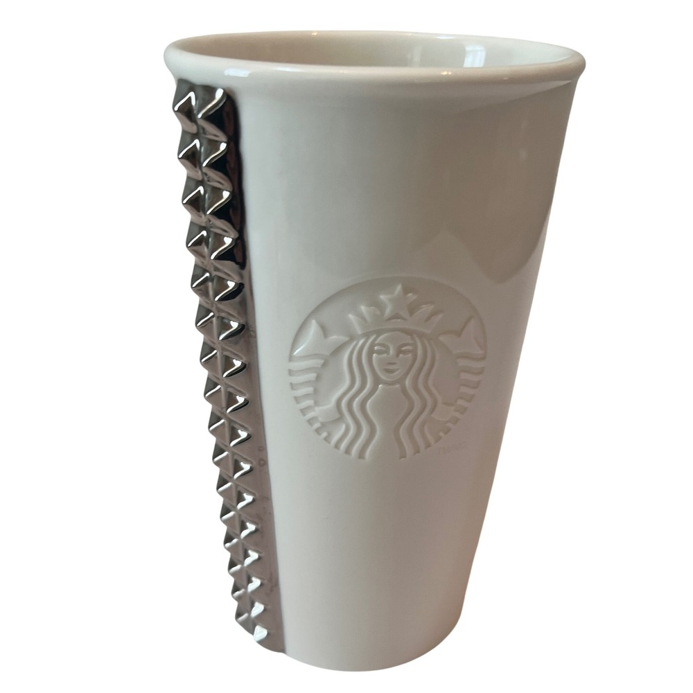 Starbucks 2014 White Ceramic Tumbler Silver Pyramid Studs Siren Logo 10oz